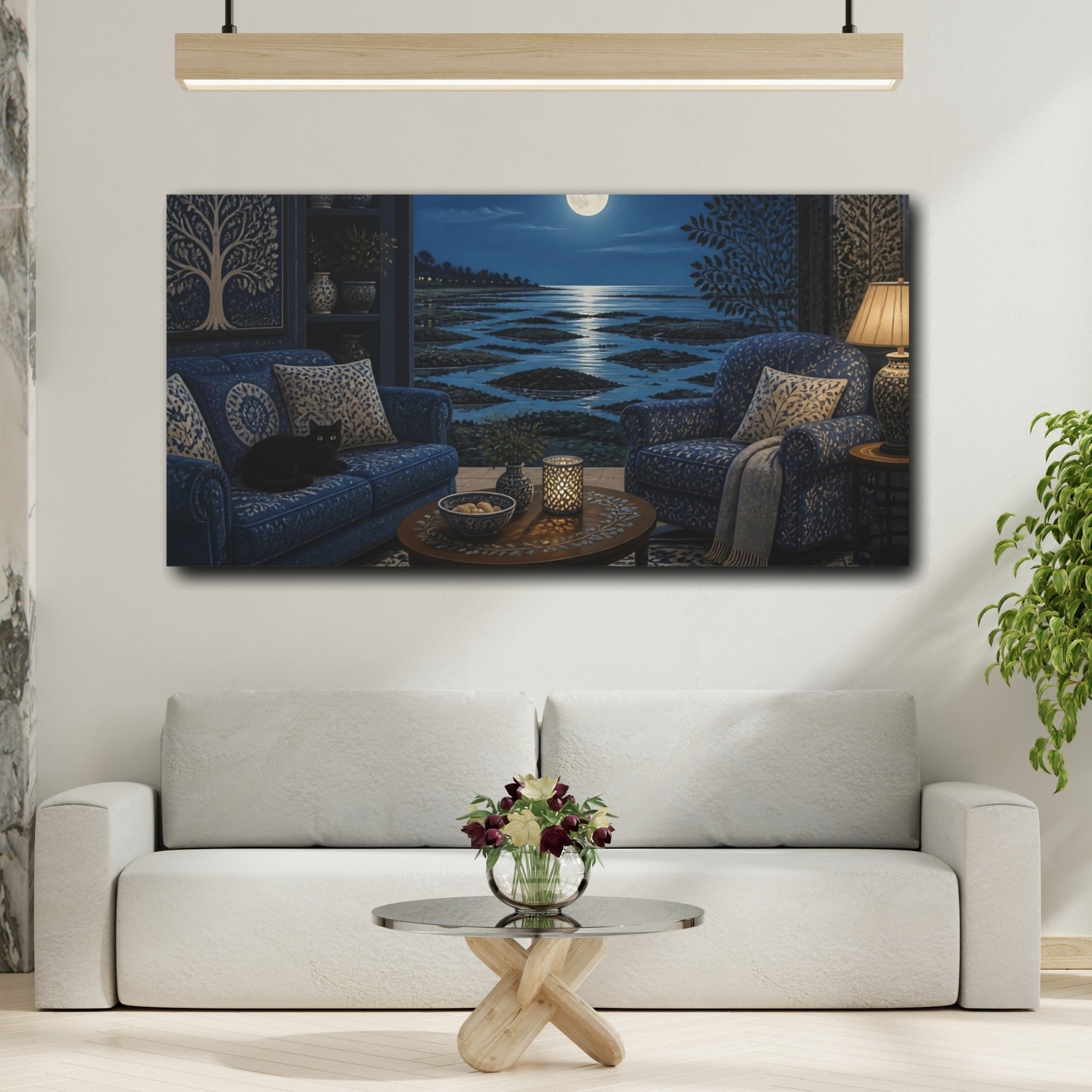 Mockup 2. Living Room Moonlit Seascape shown as canvas print