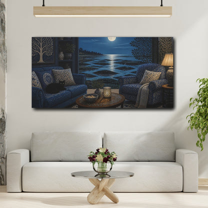 Mockup 2. Living Room Moonlit Seascape shown as canvas print