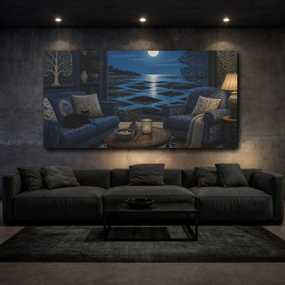 Mockup 3. Living Room Moonlit Seascape shown as canvas print