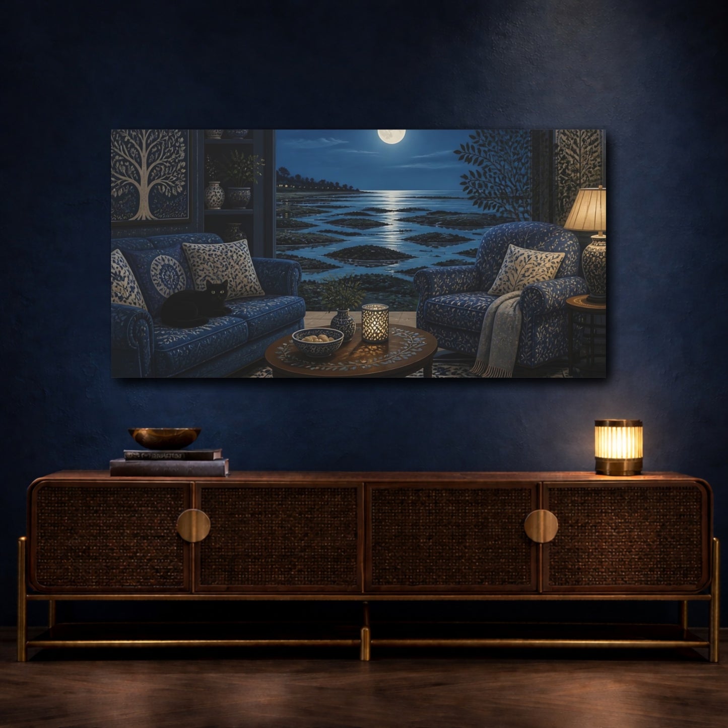 Mockup 4. Living Room Moonlit Seascape shown as canvas print