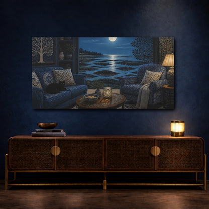 Mockup 4. Living Room Moonlit Seascape shown as canvas print