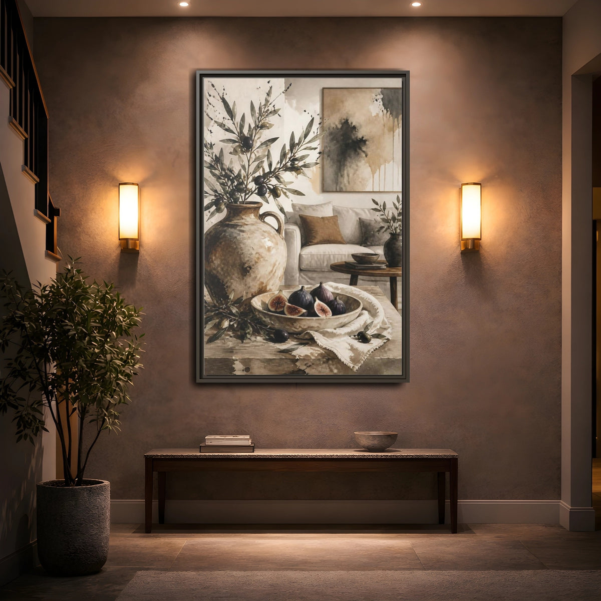 Mockup 2. Living Room Olive Jug & Figs shown as framed canvas print