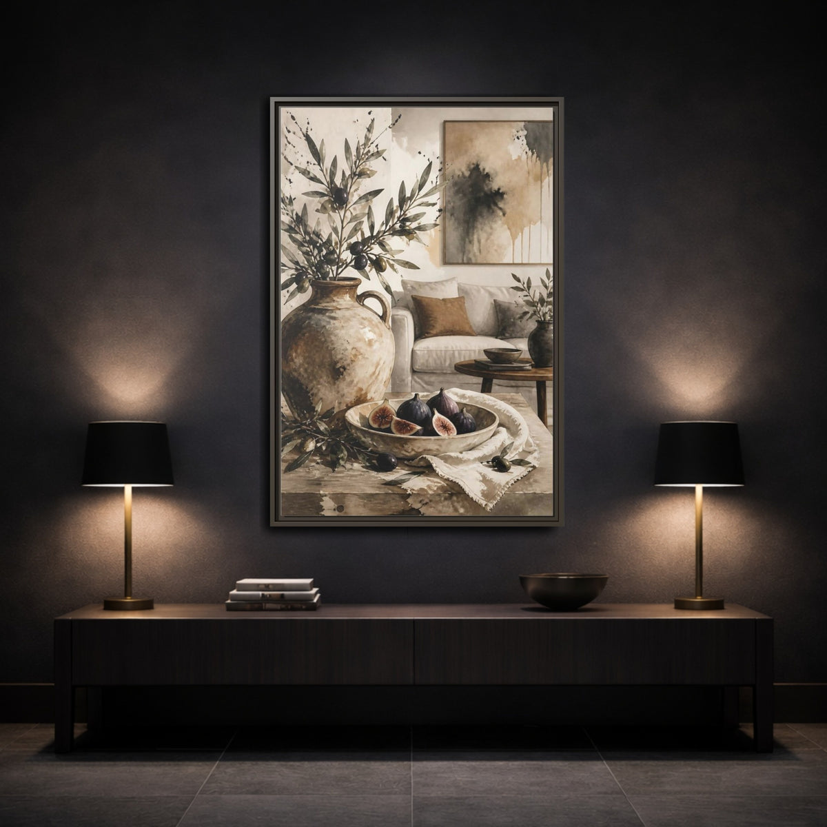 Mockup 3. Living Room Olive Jug & Figs shown as framed canvas print