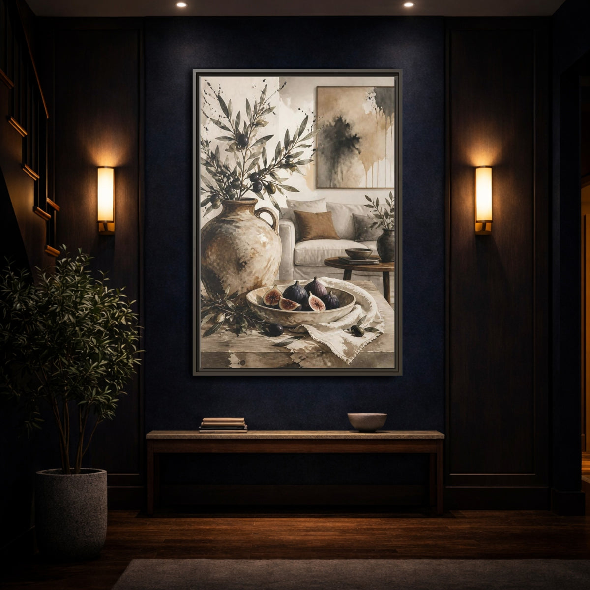 Mockup 4. Living Room Olive Jug & Figs shown as framed canvas print
