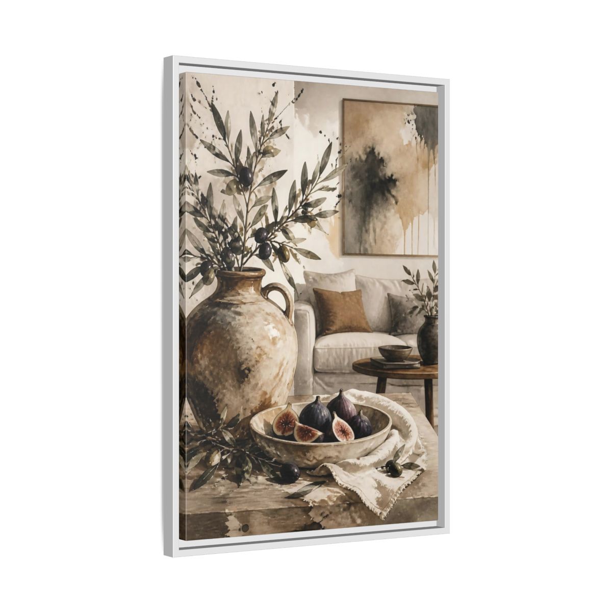 Side Mockup 10. Living Room Olive Jug & Figs shown as framed canvas print