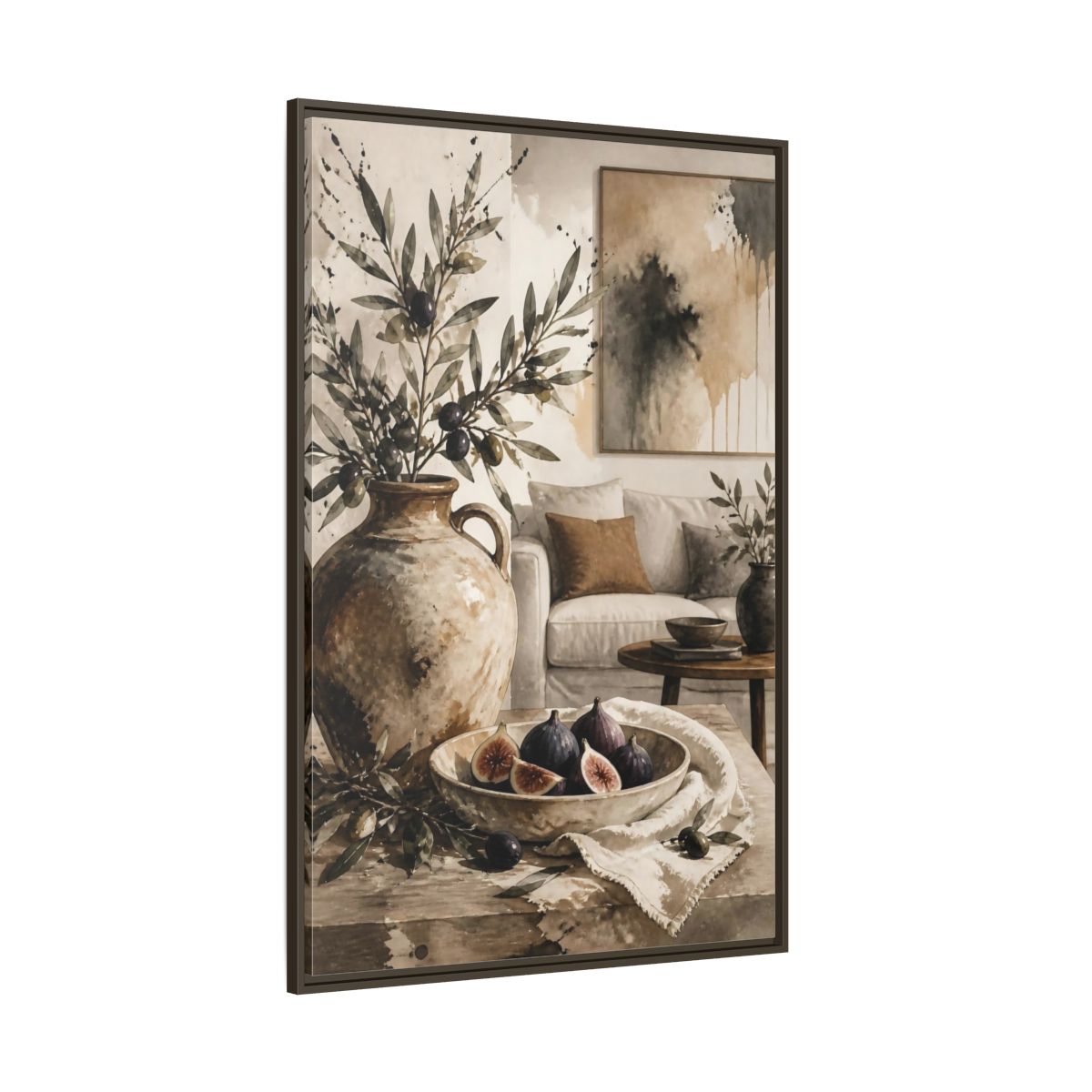 Side Mockup 8. Living Room Olive Jug & Figs shown as framed canvas print