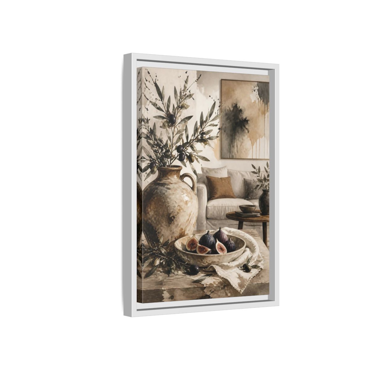 Side Mockup 4. Living Room Olive Jug & Figs shown as framed canvas print
