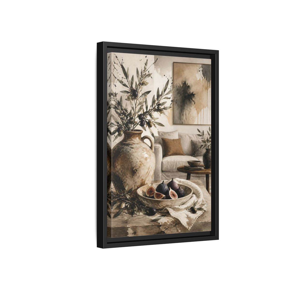 Side Mockup 6. Living Room Olive Jug & Figs shown as framed canvas print