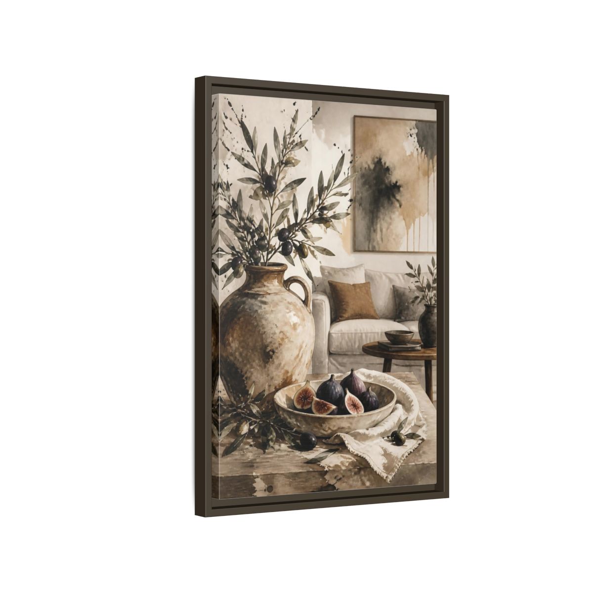 Side Mockup 2. Living Room Olive Jug & Figs shown as framed canvas print