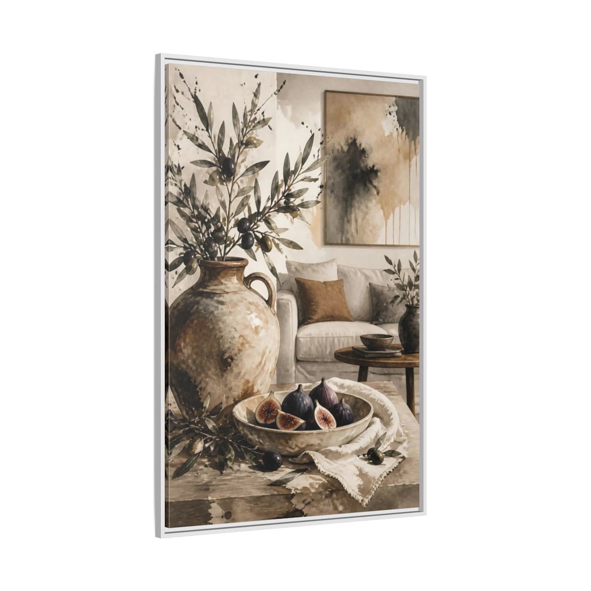 Side Mockup 7. Living Room Olive Jug & Figs shown as framed canvas print