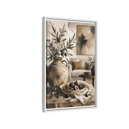 Side Mockup 1. Living Room Olive Jug & Figs shown as framed canvas print