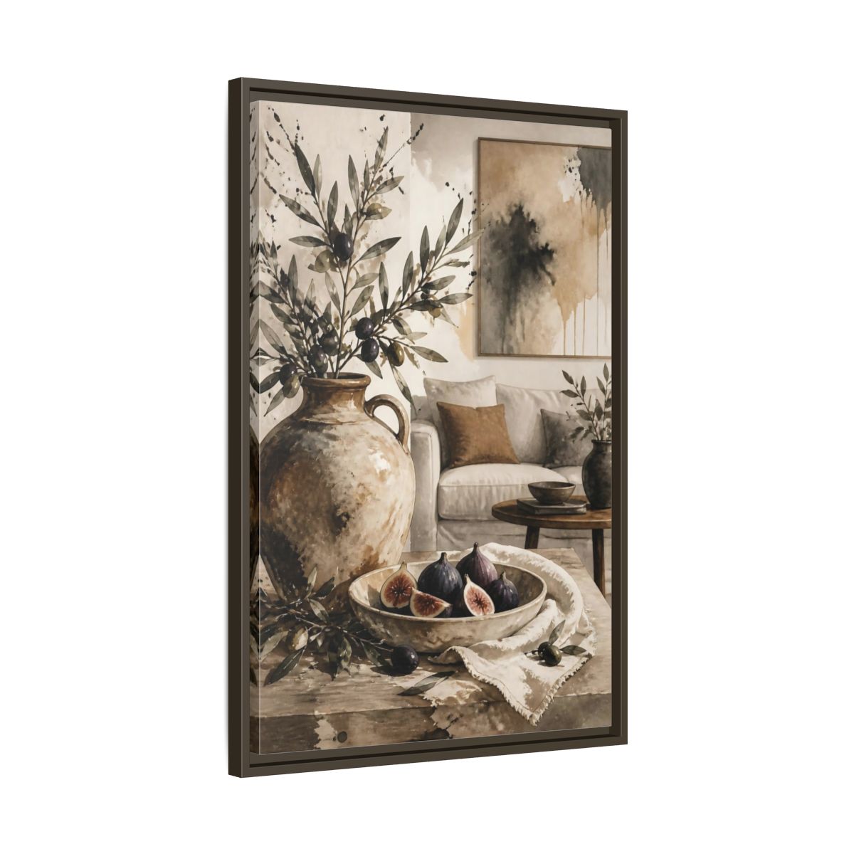Side Mockup 11. Living Room Olive Jug & Figs shown as framed canvas print