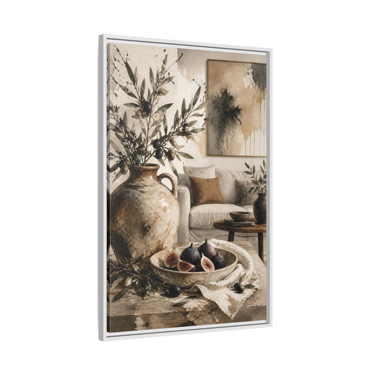 Side Mockup 9. Living Room Olive Jug & Figs shown as framed canvas print