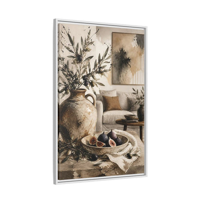 Side Mockup 9. Living Room Olive Jug & Figs shown as framed canvas print