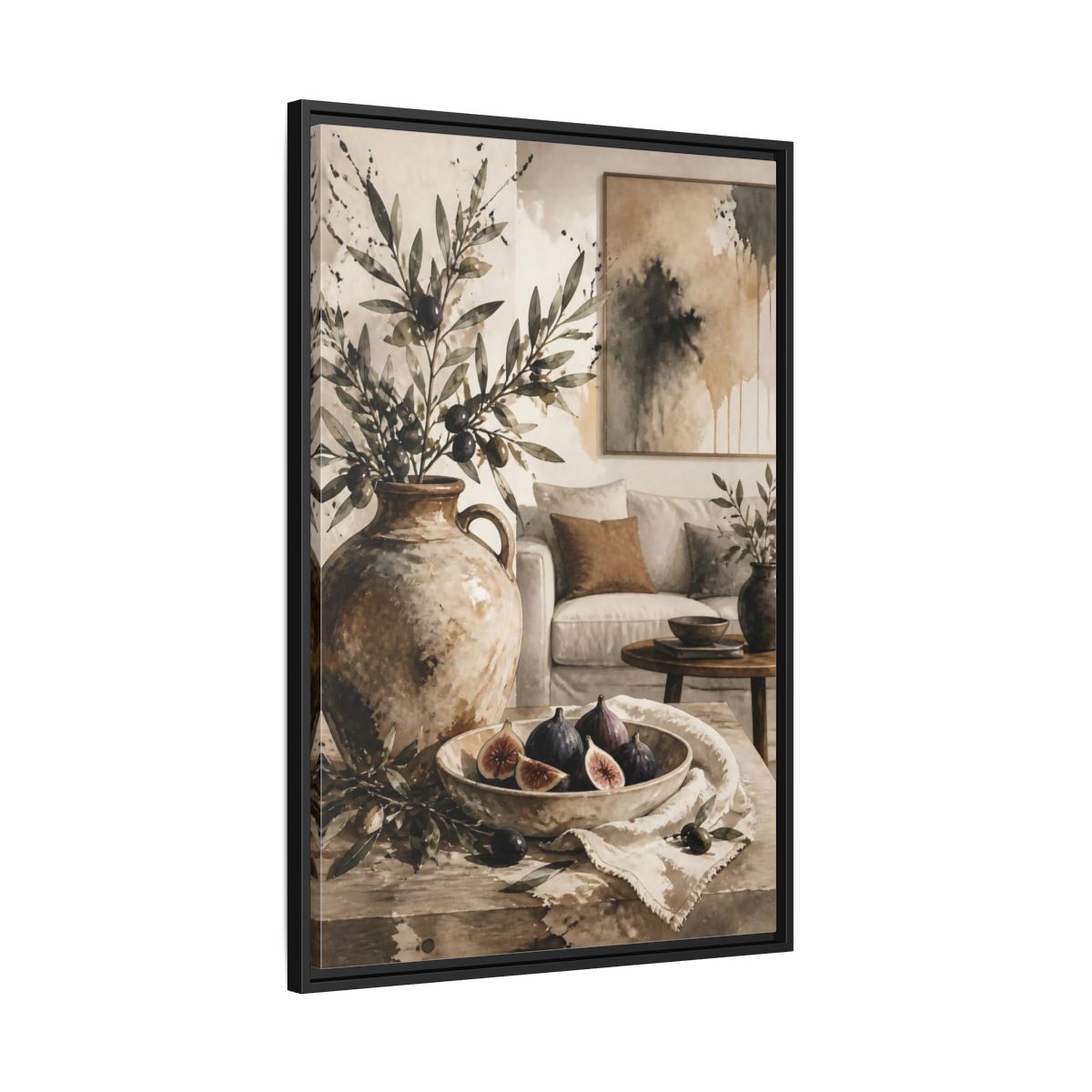 Side Mockup 13. Living Room Olive Jug & Figs shown as framed canvas print