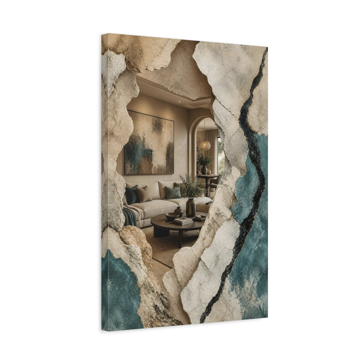 Side Mockup 3. Living Room Plaster Reveal shown as canvas print