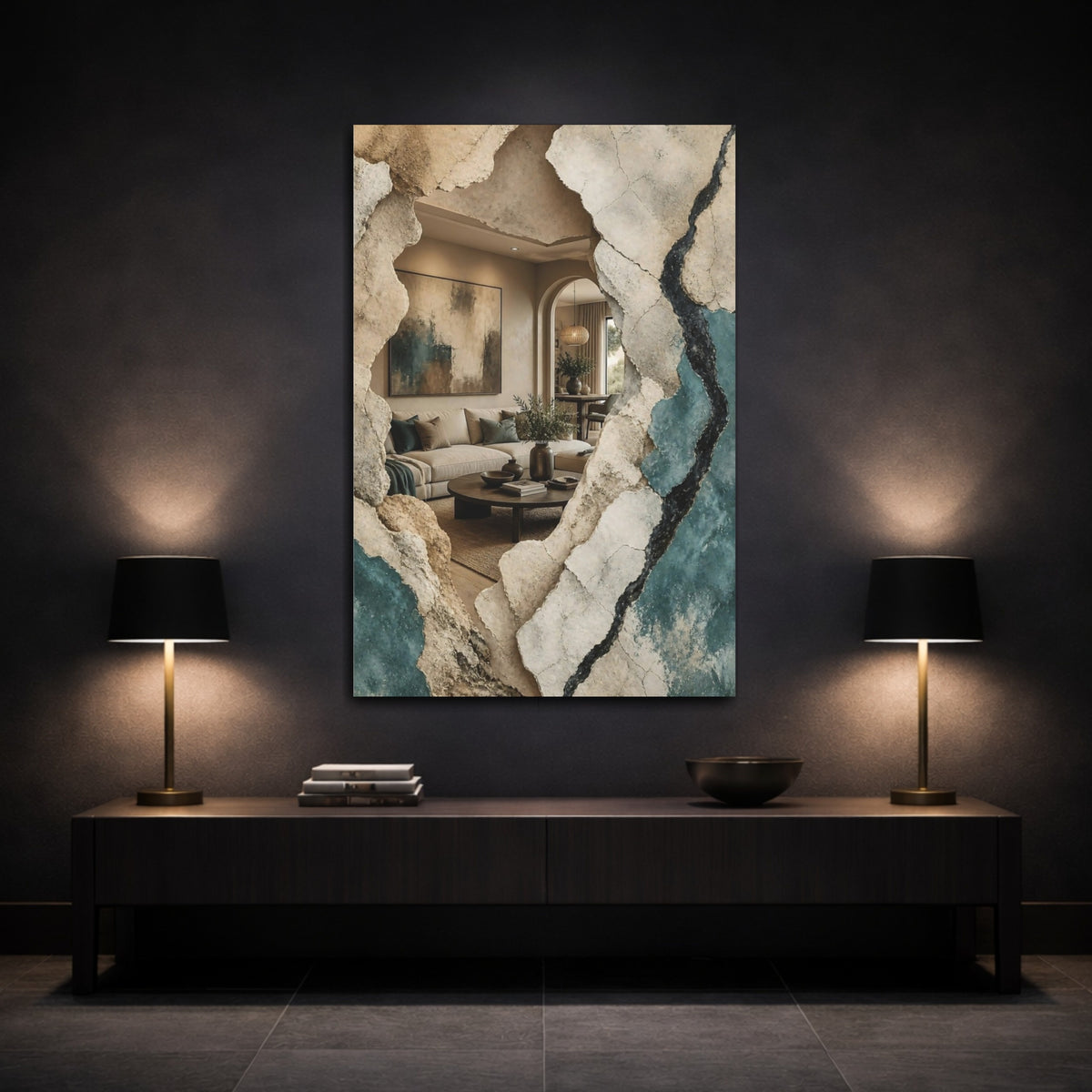 Mockup 3. Living Room Plaster Reveal shown as canvas print