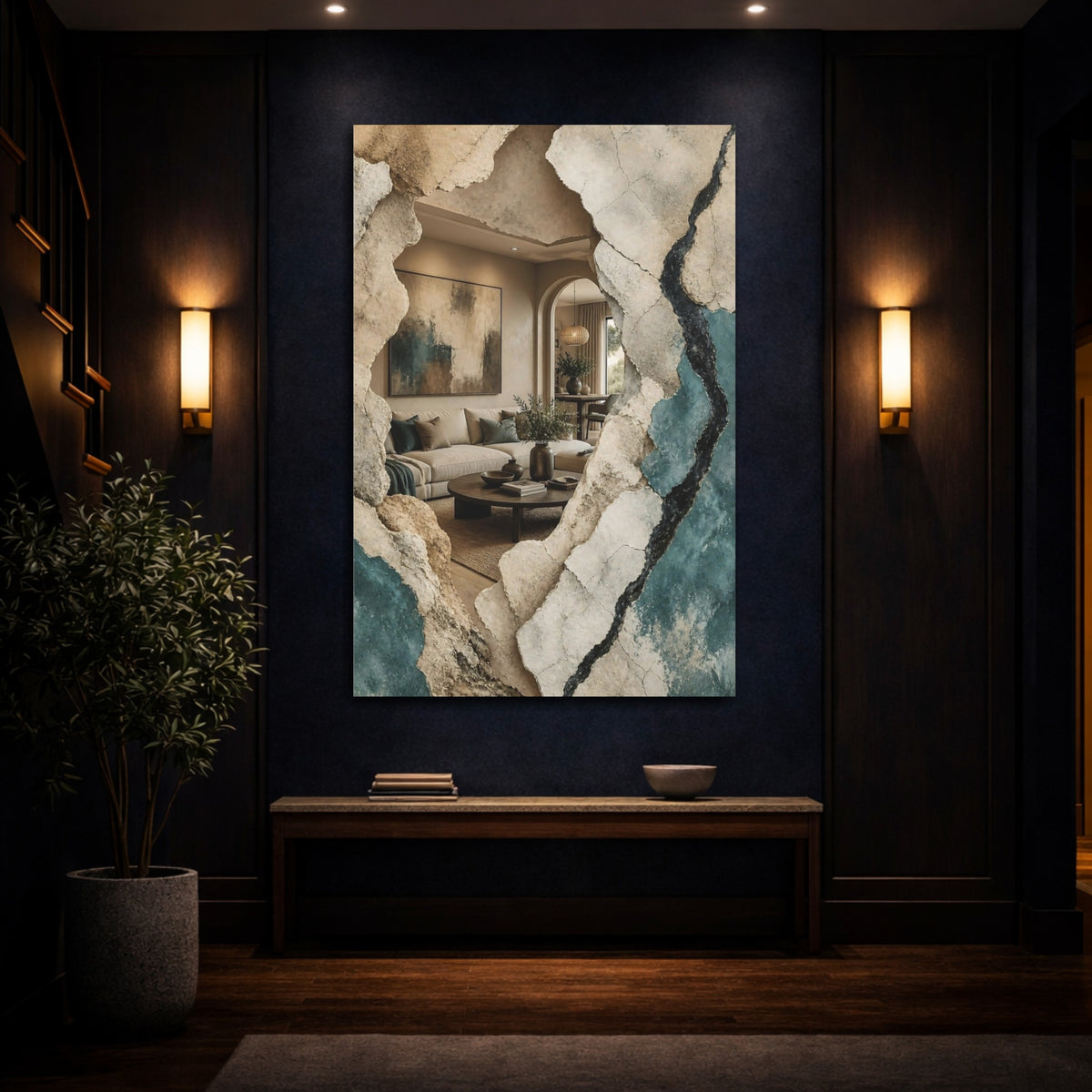 Mockup 4. Living Room Plaster Reveal shown as canvas print