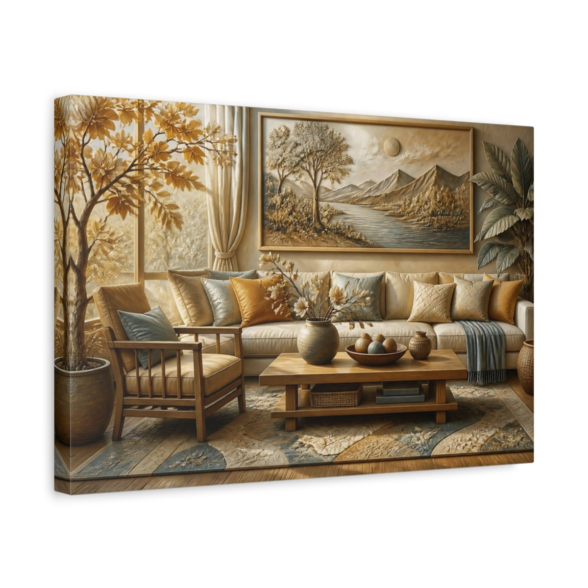 Side Mockup 4. Living Room River Relief shown as canvas print