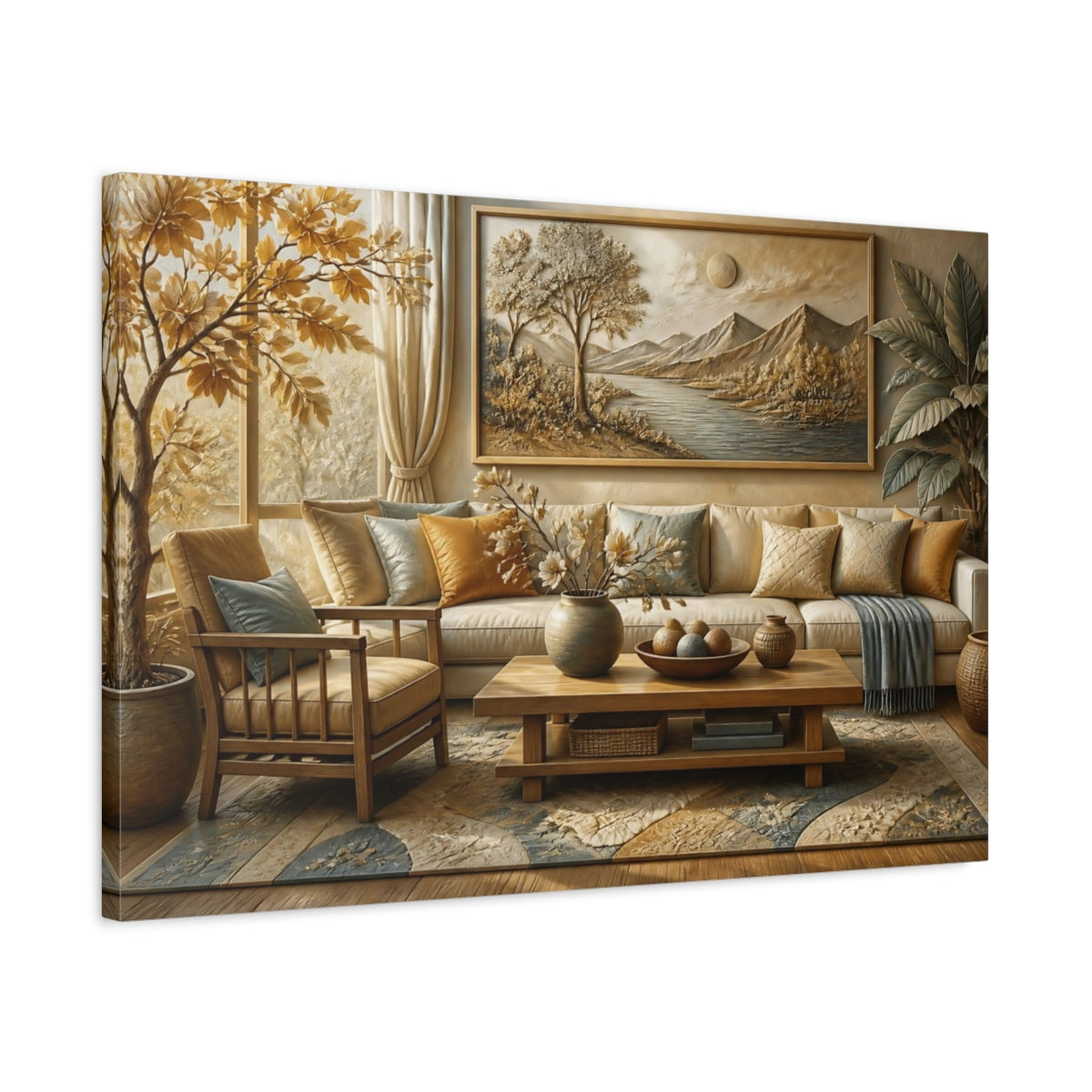 Side Mockup 2. Living Room River Relief shown as canvas print
