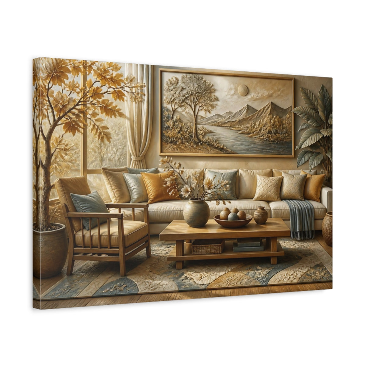 Side Mockup 3. Living Room River Relief shown as canvas print