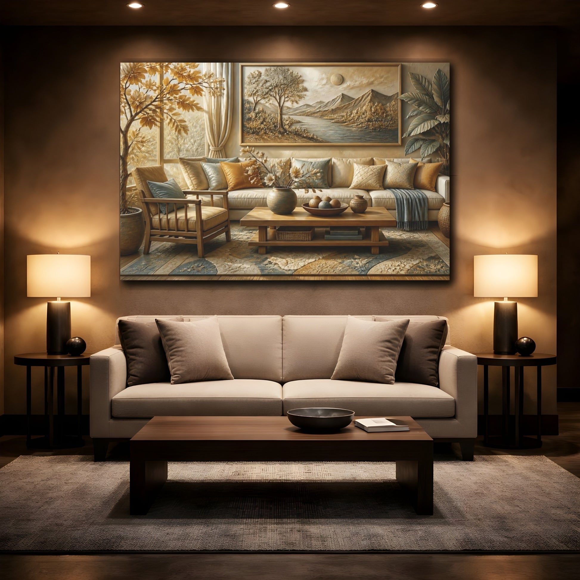 Mockup 2. Living Room River Relief shown as canvas print