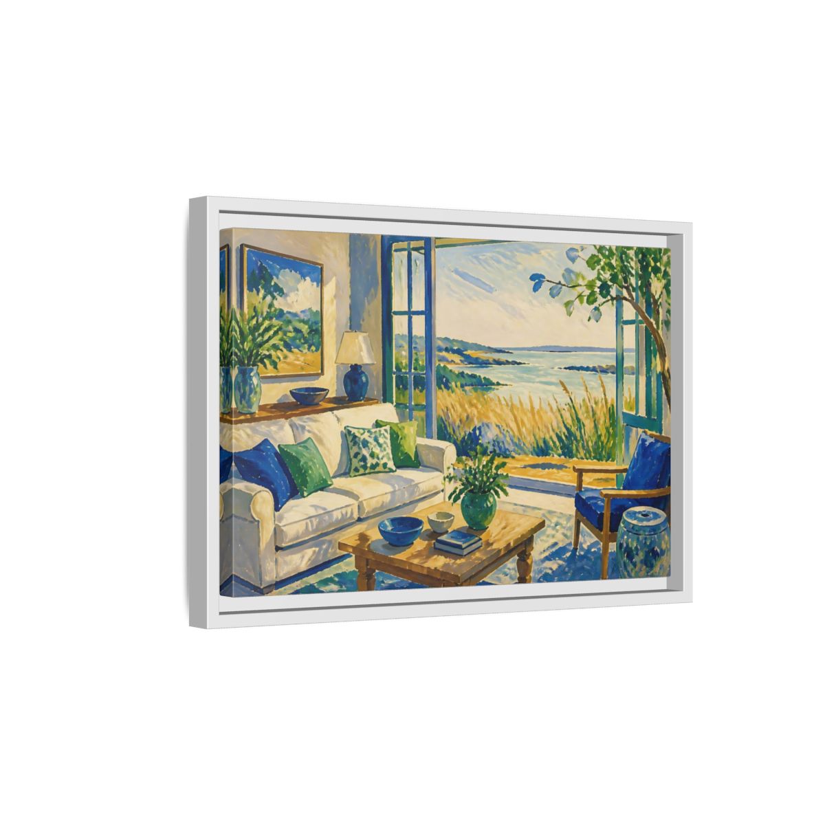 Side Mockup 4. Living Room Seaside View shown as framed canvas print