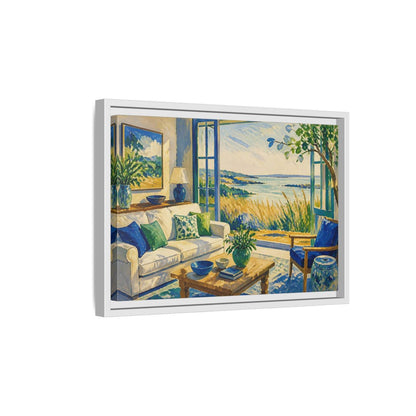 Side Mockup 4. Living Room Seaside View shown as framed canvas print