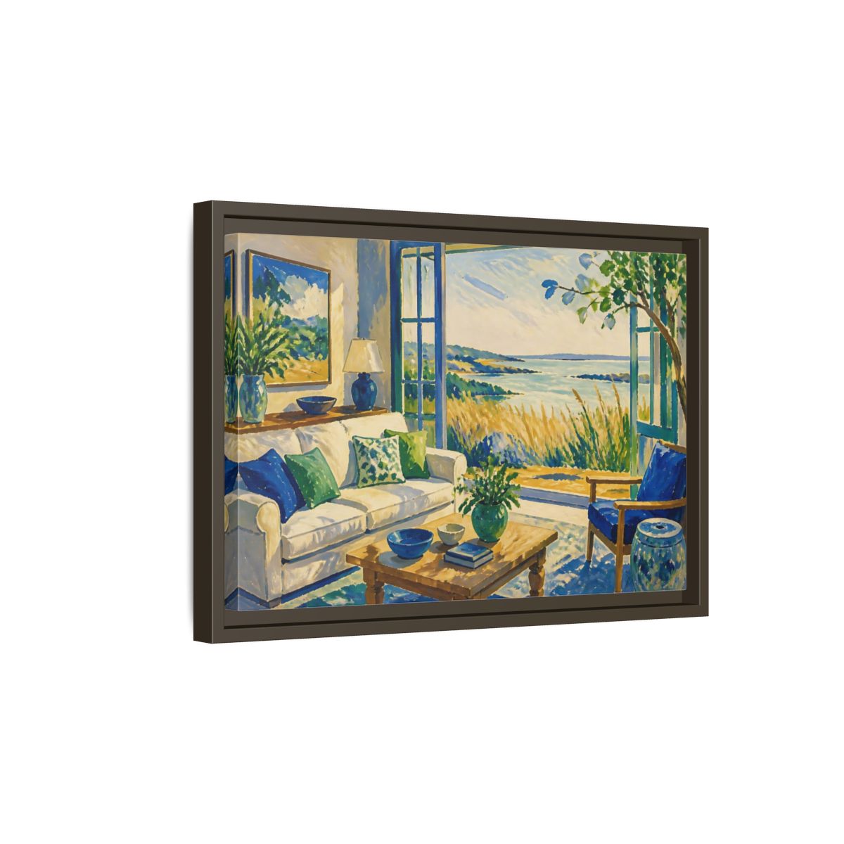 Side Mockup 5. Living Room Seaside View shown as framed canvas print