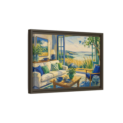 Side Mockup 5. Living Room Seaside View shown as framed canvas print