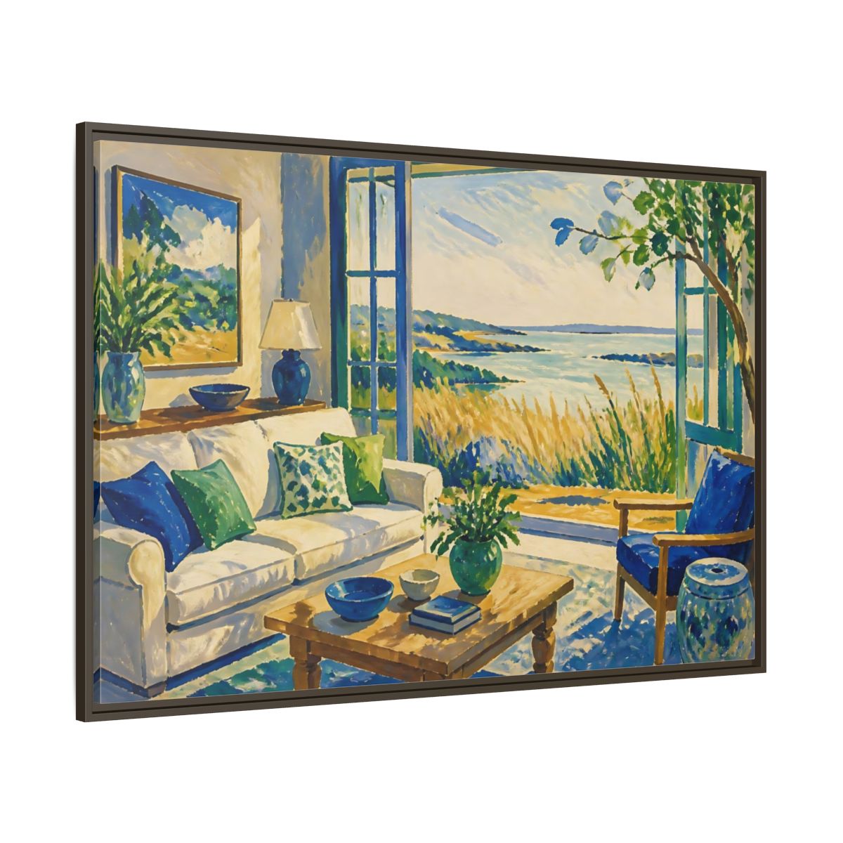 Side Mockup 8. Living Room Seaside View shown as framed canvas print
