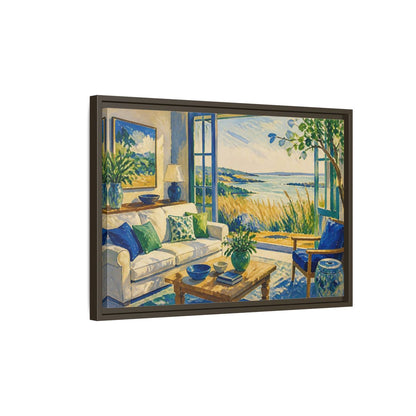 Side Mockup 2. Living Room Seaside View shown as framed canvas print