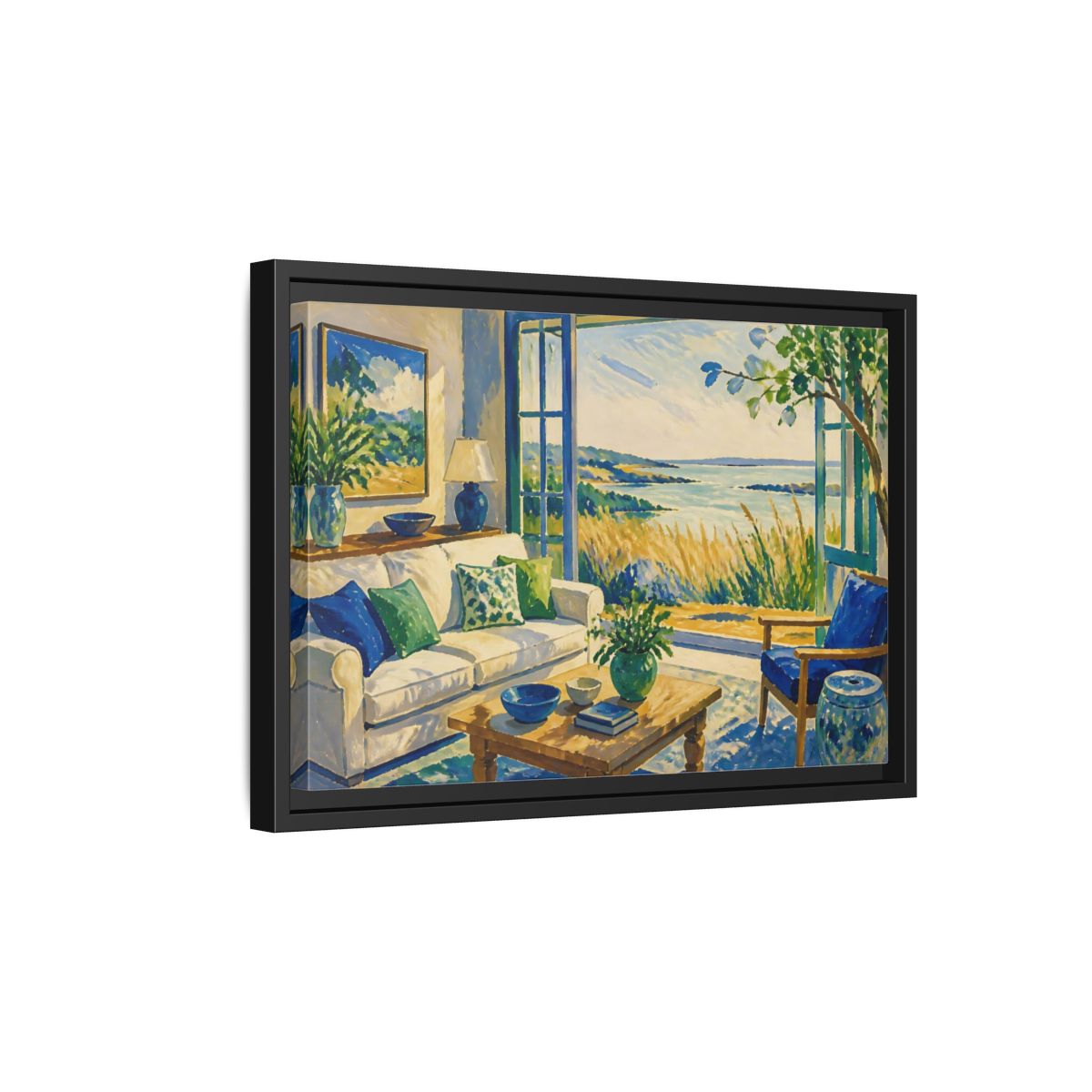 Side Mockup 6. Living Room Seaside View shown as framed canvas print