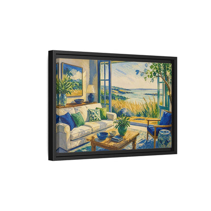 Side Mockup 6. Living Room Seaside View shown as framed canvas print