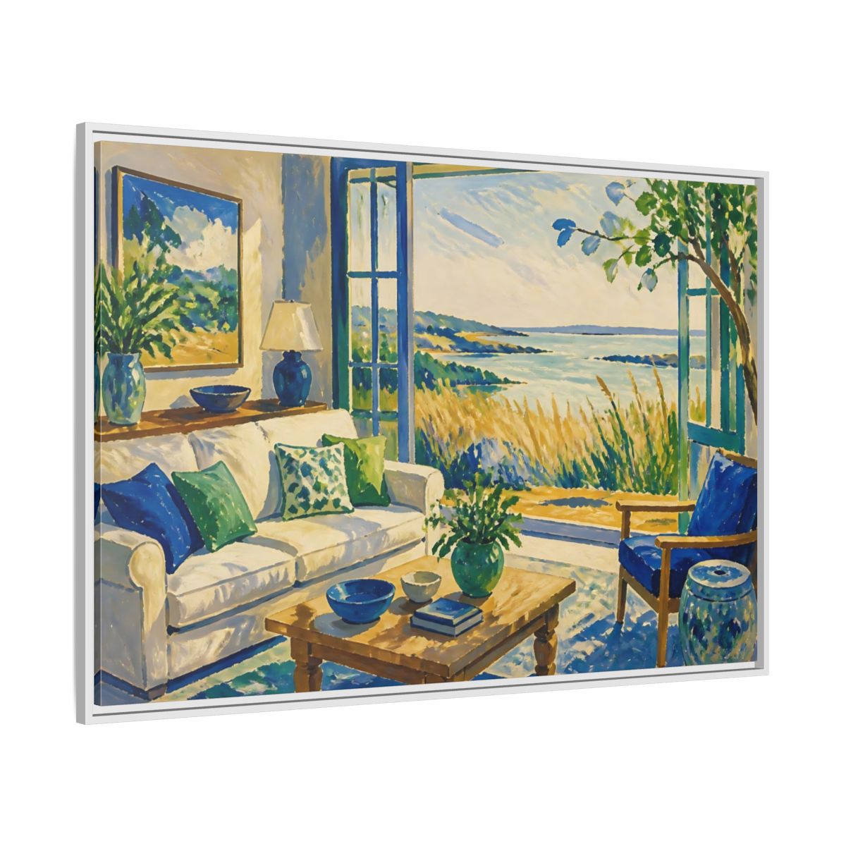 Side Mockup 7. Living Room Seaside View shown as framed canvas print