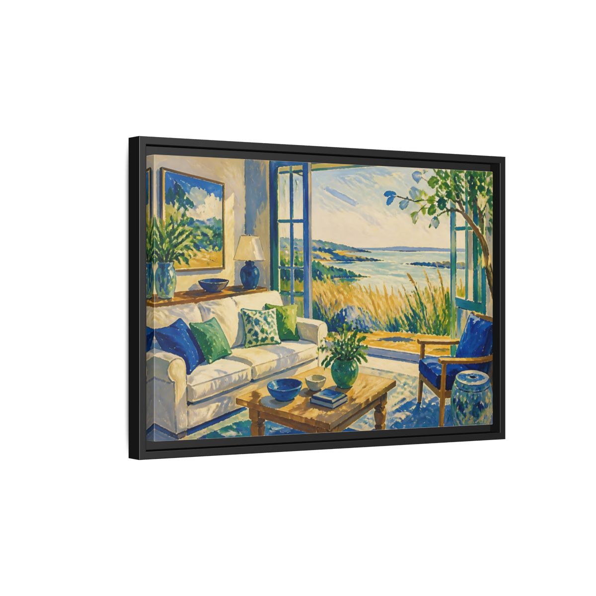 Side Mockup 3. Living Room Seaside View shown as framed canvas print