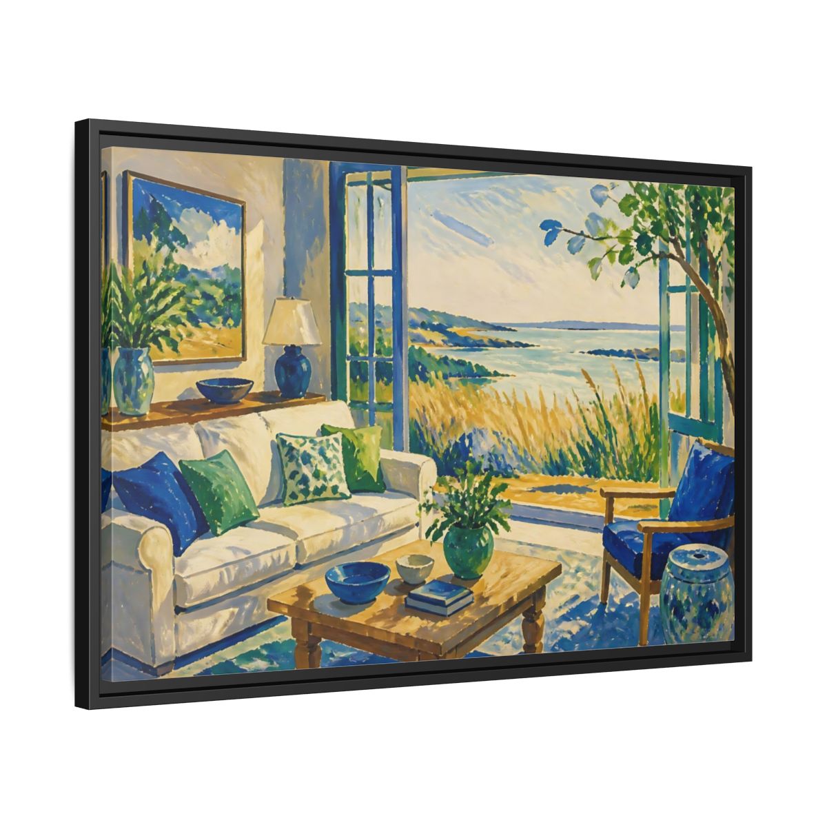Side Mockup 14. Living Room Seaside View shown as framed canvas print
