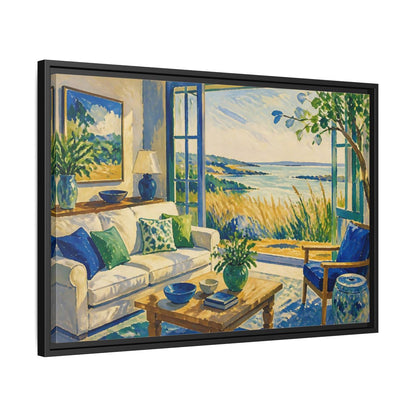 Side Mockup 14. Living Room Seaside View shown as framed canvas print