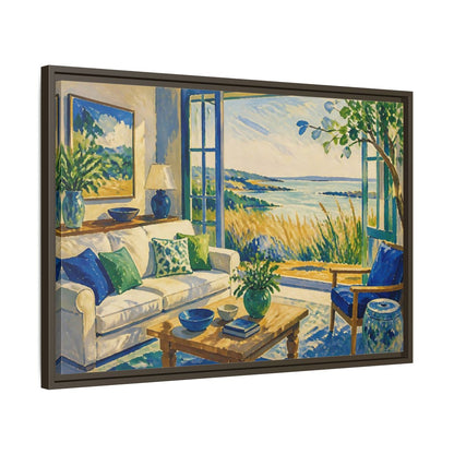 Side Mockup 11. Living Room Seaside View shown as framed canvas print