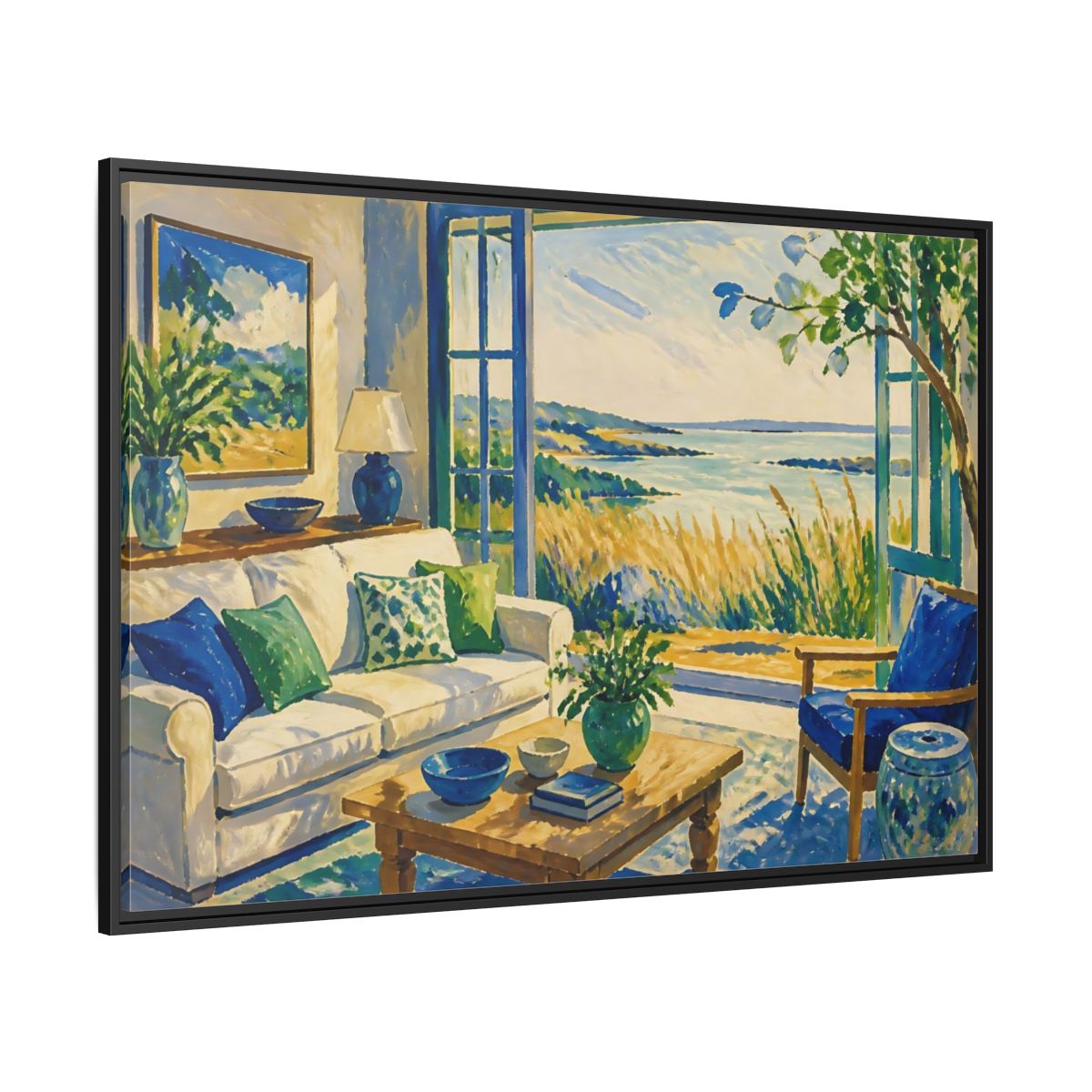 Side Mockup 12. Living Room Seaside View shown as framed canvas print