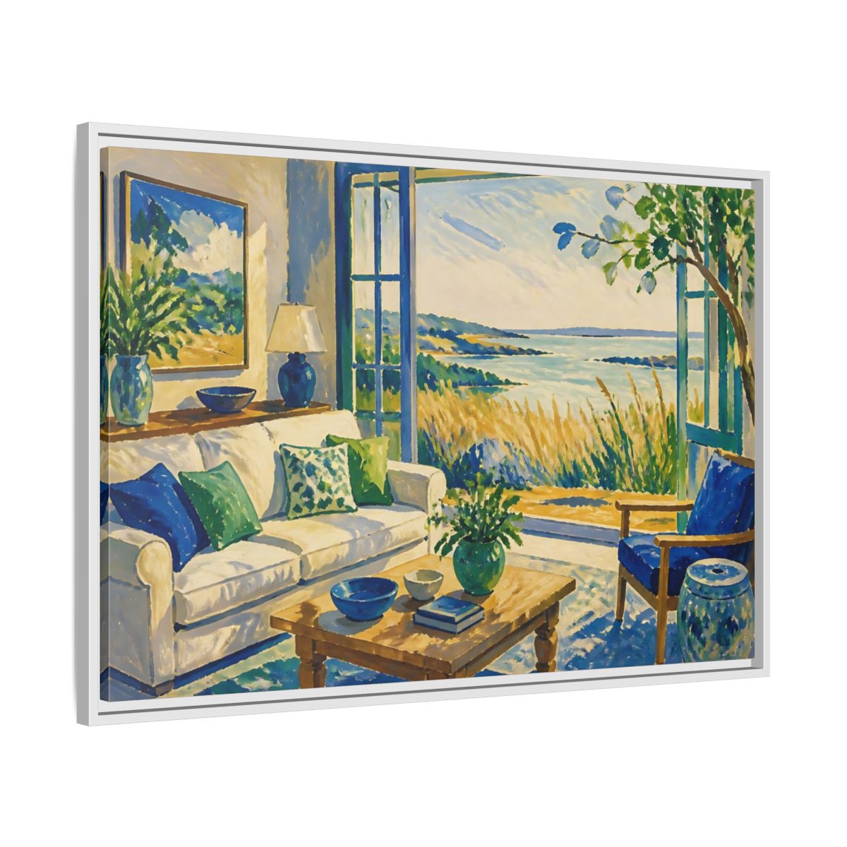 Side Mockup 9. Living Room Seaside View shown as framed canvas print
