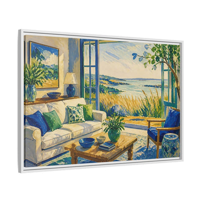 Side Mockup 9. Living Room Seaside View shown as framed canvas print