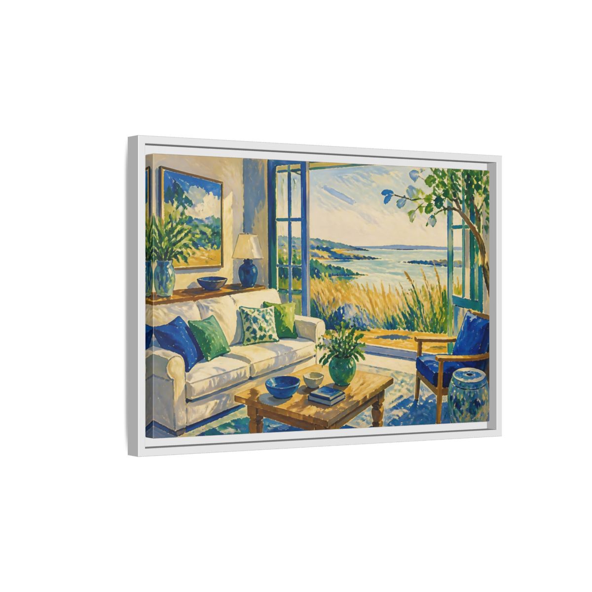 Side Mockup 1. Living Room Seaside View shown as framed canvas print