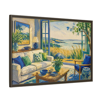 Main Mockup. Living Room Seaside View shown as framed canvas print