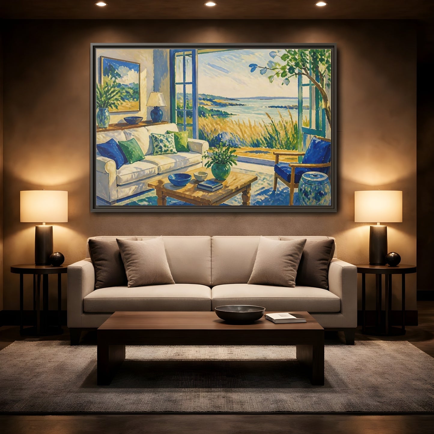 Mockup 2. Living Room Seaside View shown as framed canvas print