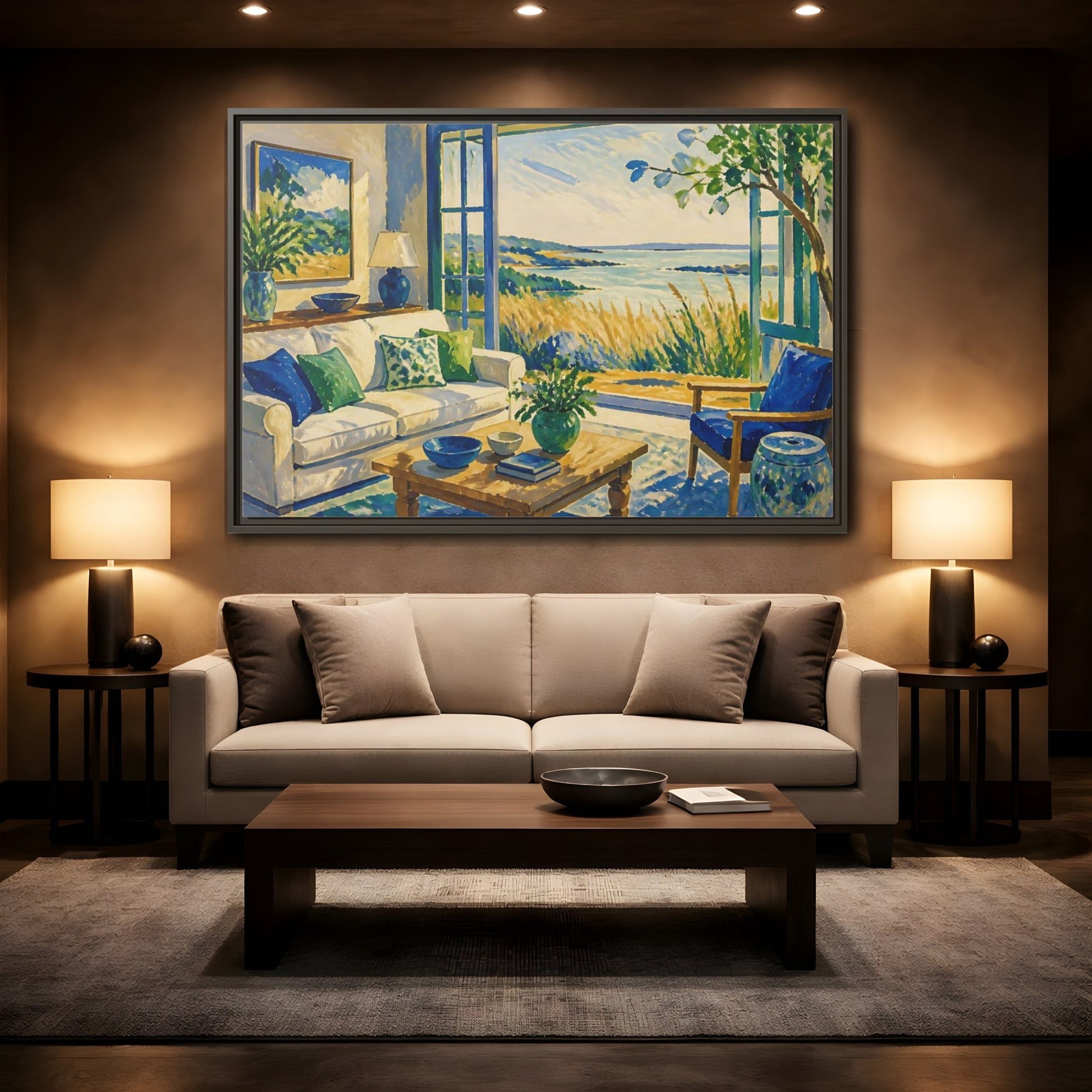 Mockup 2. Living Room Seaside View shown as framed canvas print