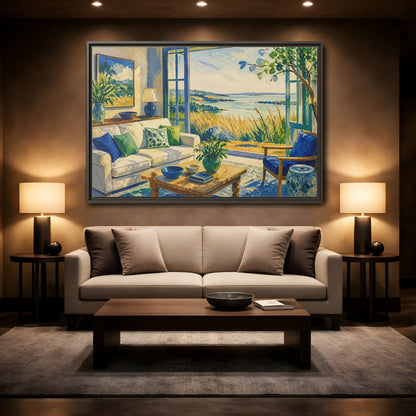 Mockup 2. Living Room Seaside View shown as framed canvas print