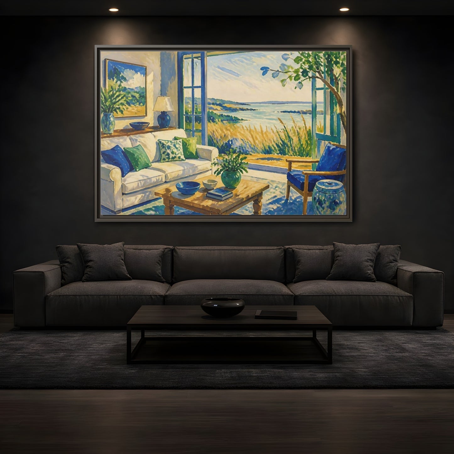 Mockup 3. Living Room Seaside View shown as framed canvas print