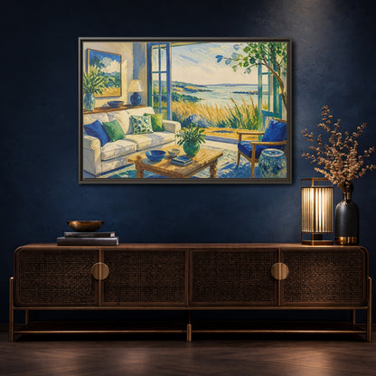 Mockup 4. Living Room Seaside View shown as framed canvas print