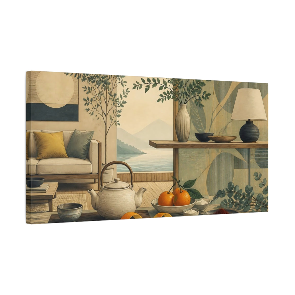 Side Mockup 1. Living Room Teapot Still Life shown as canvas print